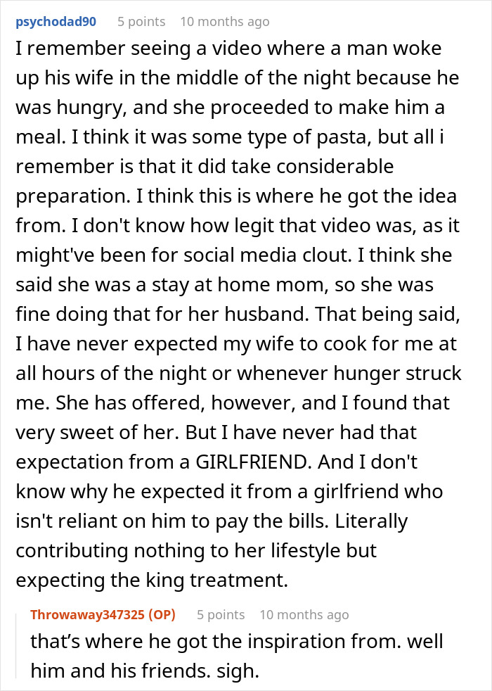Screenshot of Reddit comments discussing a guy demanding dinner at 2AM and relationship expectations. Screenshot of Reddit comments discussing a guy demanding dinner at 2AM and relationship expectations.