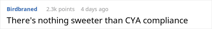 Screenshot of a Reddit comment reading "There's nothing sweeter than CYA compliance" with 2.3k points in a discussion about store management.