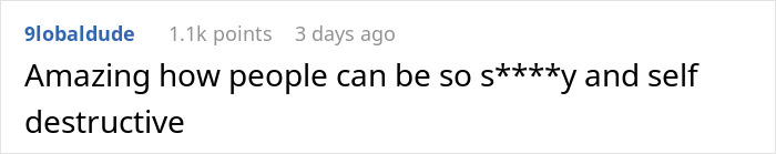 Screenshot of a comment highlighting self-destructive behavior related to a manager who created a hostile workplace.