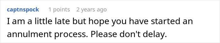 Screenshot of a comment advising to start an annulment process, related to a husband getting jealous at a wedding.