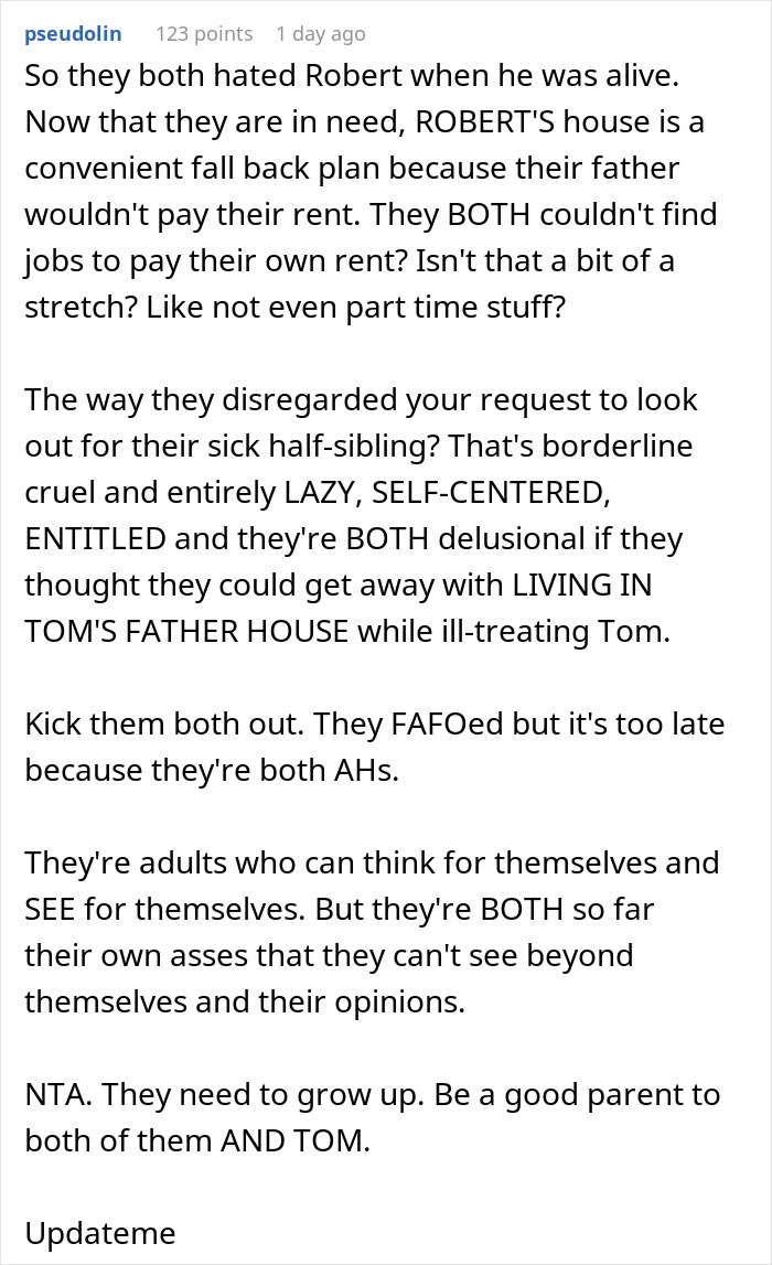 Text post discussing mom blowing up at daughters for mistreating their sick half-brother and calling them pathetic.