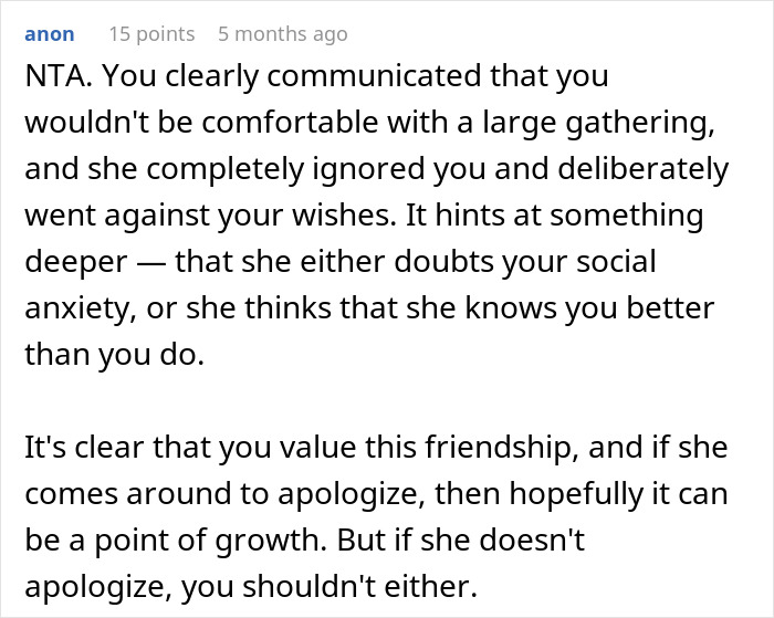 Comment explaining the impact of a surprise bash with 50 guests on an anxious birthday girl and social anxiety concerns.