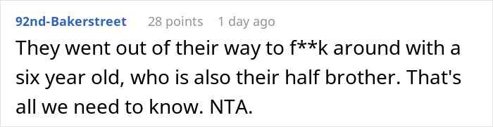 Comment criticizing daughters for mistreating their half-brother, highlighting mom blowing up and calling them pathetic.