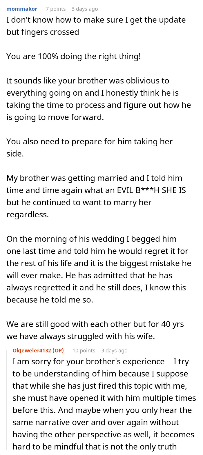 Reddit comments discussing family dynamics and setting boundaries with brother's girlfriend regarding treatment of her kids.