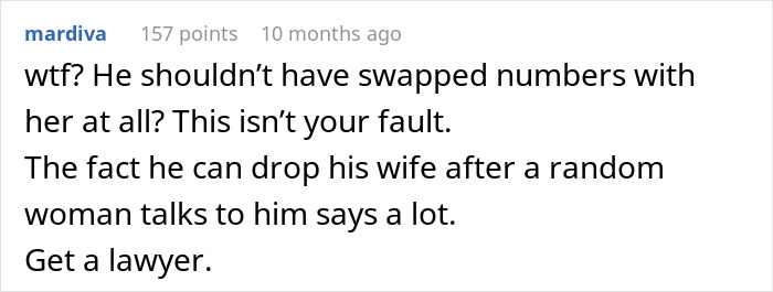 Comment discussing a woman&rsquo;s husband leaving her after being hit on for the first time, expressing disbelief and advice.