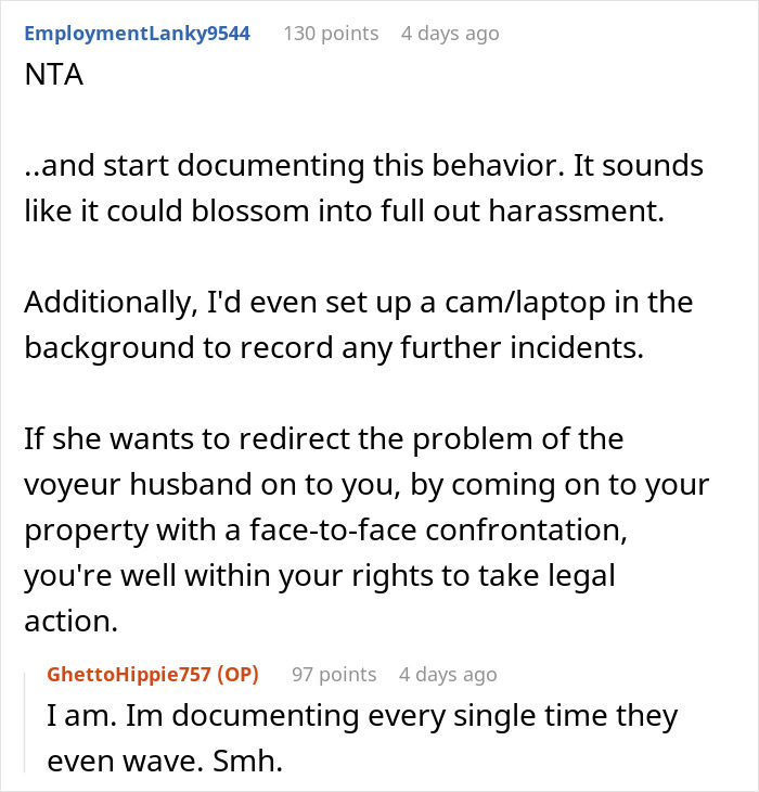 Screenshot of an online discussion about a neighbor complaining about a woman’s outfit because her husband keeps staring at her. Screenshot of an online discussion about a neighbor complaining about a woman’s outfit because her husband keeps staring at her.
