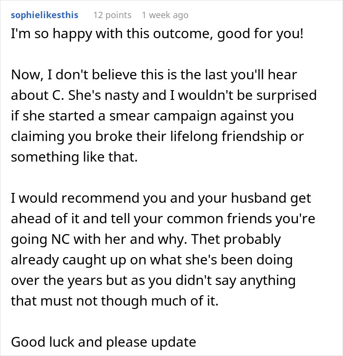 Comment discussing a husband's childhood best friend, favor requests, and experiences of humiliation in a personal story.