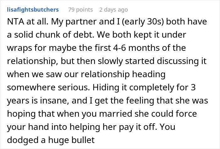 Alt text: Forum comment discussing hidden credit card debt impacting bride-to-be's decision to shut down prenup agreement.