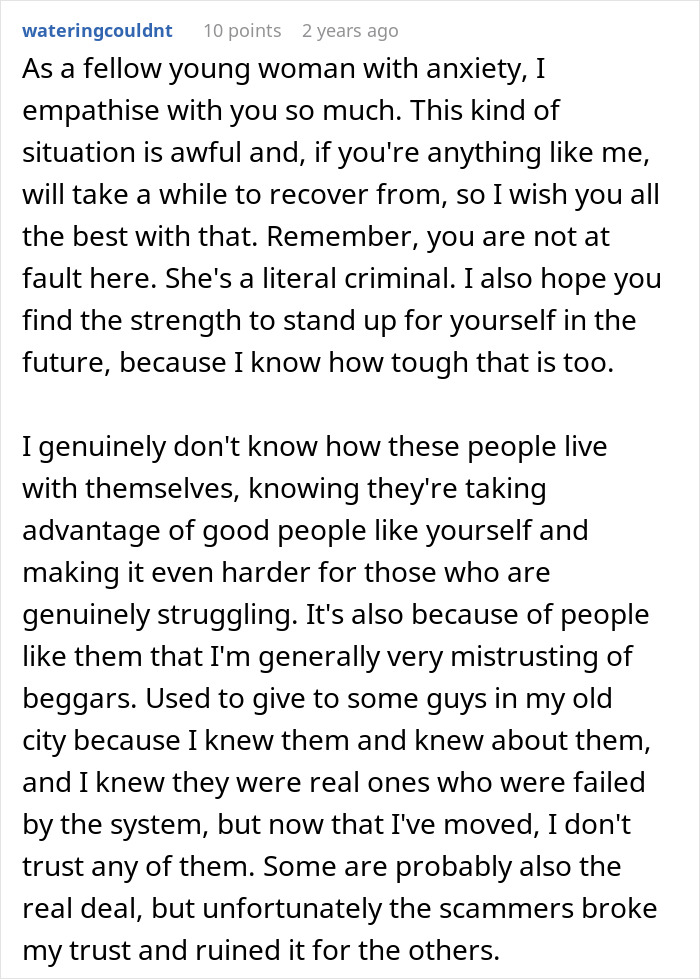 Comment on woman learning her lesson after almost getting scammed, sharing empathy and mistrust toward scammers. Comment on woman learning her lesson after almost getting scammed, sharing empathy and mistrust toward scammers.