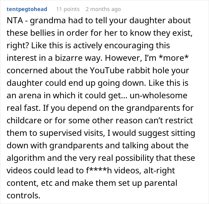 Comment discussing a mom furious over MIL's weird gift to her pregnancy-obsessed 6-year-old and concerns about YouTube rabbit holes.