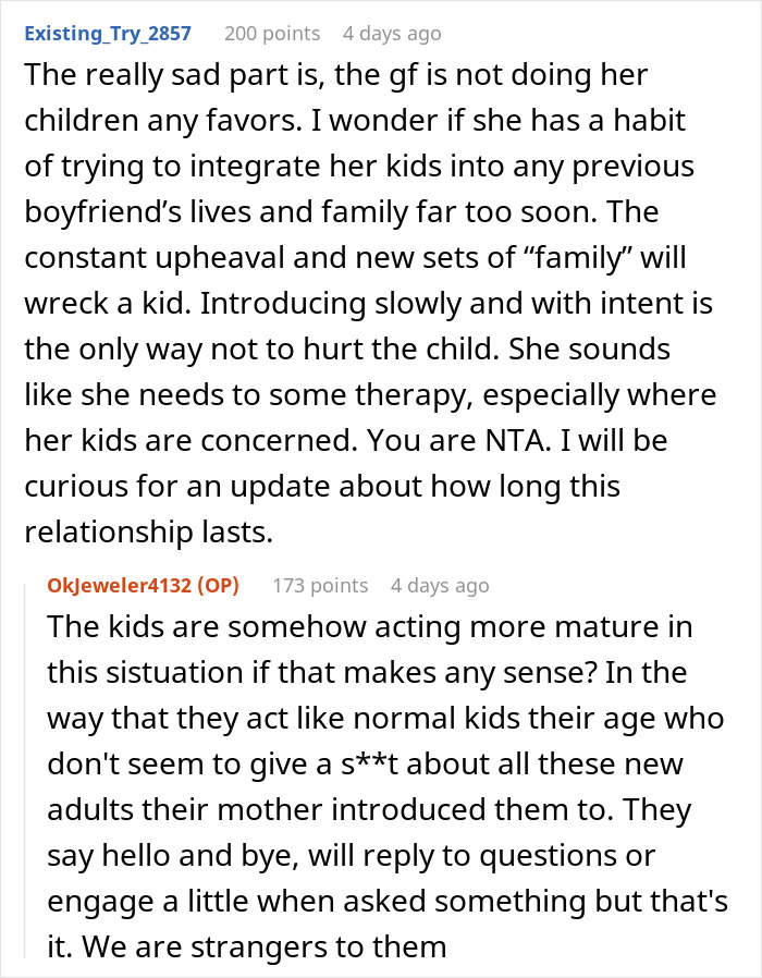 Text conversation discussing boundaries with brother's girlfriend about treating her kids like own, focusing on family integration issues.