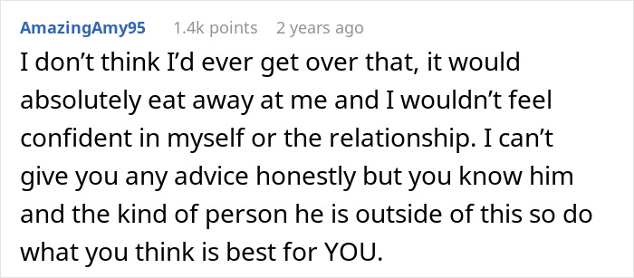 Text comment from user AmazingAmy95 expressing doubts about overcoming a partner finding wife repulsive on first date.