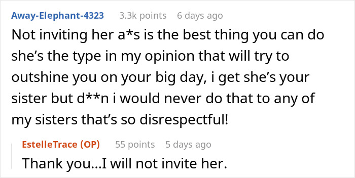 Alt text: Online conversation about woman making below-the-belt comments about sister&rsquo;s fianc&eacute;, leading to wedding ban discussion.