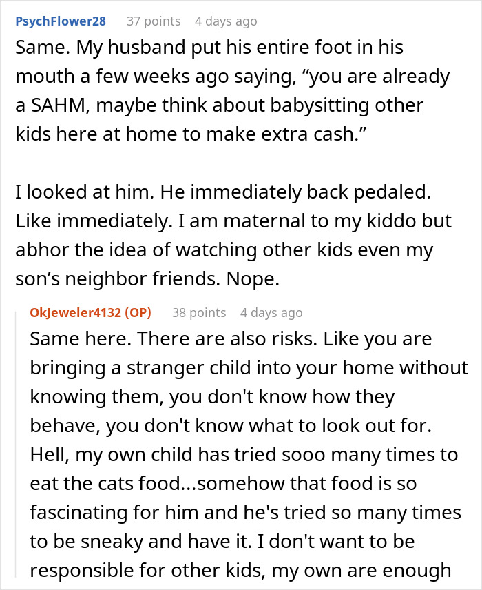 Text conversation about not treating brother's girlfriend's kids like one's own, discussing maternal boundaries and childcare risks.
