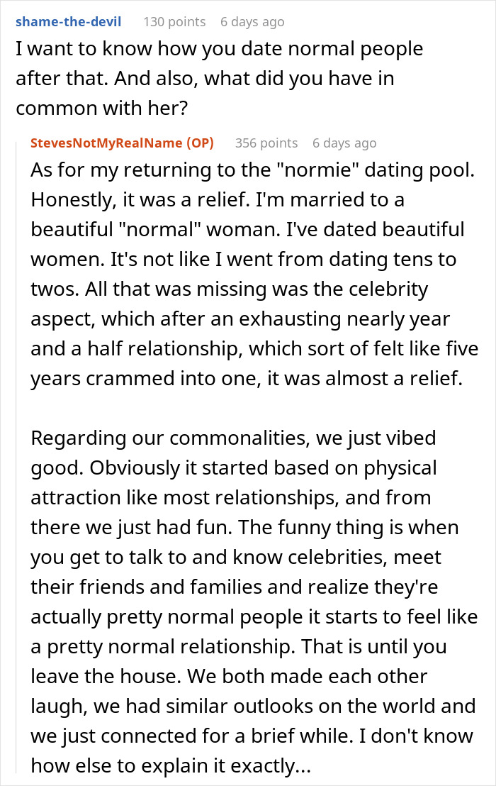 Reddit user shares experience dating a famous actress for over a year, describing it as both exhausting and enlightening.