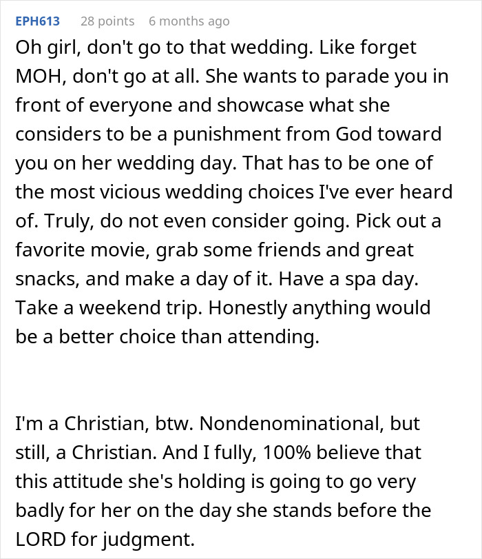 Comment advising to avoid a wedding where the bride sees cousin&rsquo;s alopecia as punishment from God and bans her headscarf.