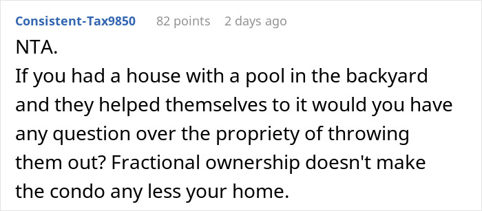 Comment explaining why non-resident family can't use condo pool, mentioning ownership and propriety concerns.