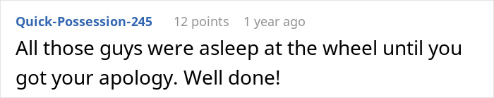 Comment text on a white background praising someone's apology, related to barista using Decaf Revenge to teach respect.