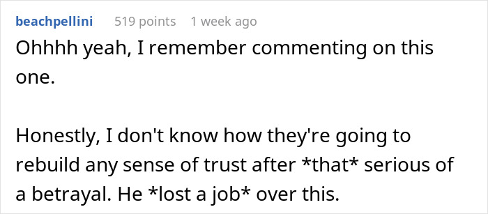 Commenter reflecting on trust issues and job loss after FIL points finger at son-in-law over missing iPad incident.