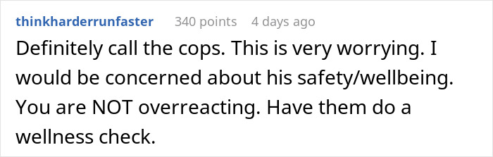 Comment warning about boyfriend&rsquo;s disappearance, urging to call cops and request a wellness check for safety concerns.