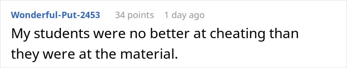 Comment text discussing students and cheating, related to a teacher catching cheaters by handing out 24 quiz versions.