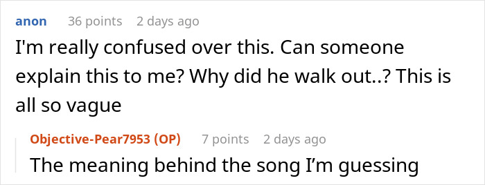 Screenshot of a Reddit conversation discussing a guy who walks out because he dislikes how his girlfriend connects with her school song performance.