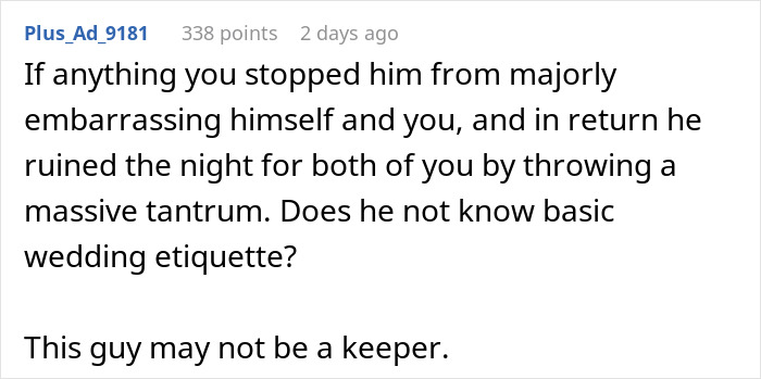 Comment discussing stopping a boyfriend&rsquo;s proposal at a best friend&rsquo;s wedding and wedding etiquette concerns.