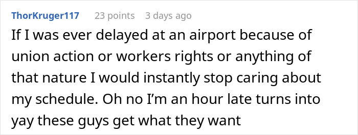 Comment from user ThorKruger117 discussing airport employees and union action after manager takes their chairs away.