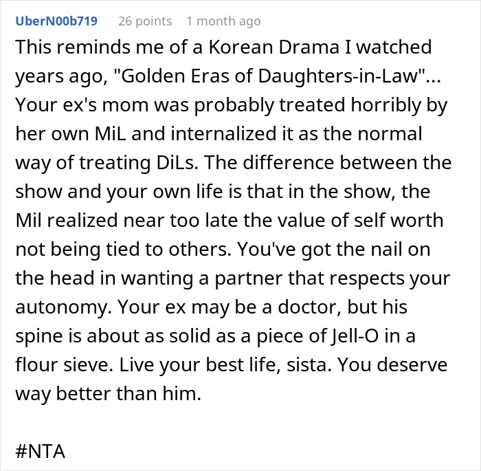 Comment discussing a woman shutting down her MIL, calling her a gold digger and housewife, in a personal story context.