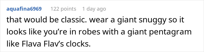 Comment discussing wearing a giant snuggie and a pentagram, referencing religious symbols and HR rules. Comment discussing wearing a giant snuggie and a pentagram, referencing religious symbols and HR rules.