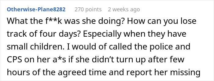 Screenshot of a forum comment discussing a sister leaving 18YO with two kids for four days, considering it no big deal.