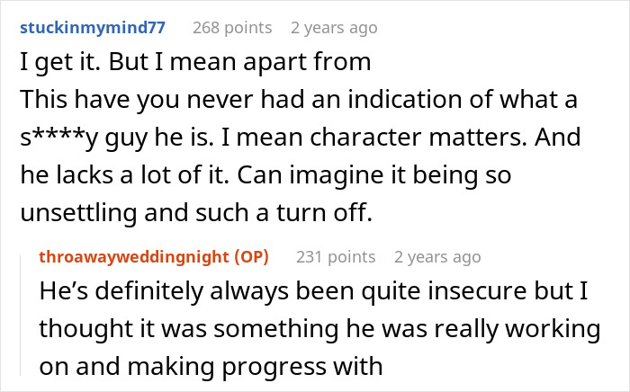 Commenters discuss a husband&rsquo;s jealousy and insecurity involving the girl he led on at their wedding.