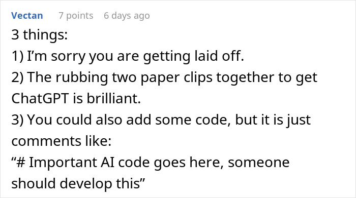Screenshot of a forum comment discussing a worker told to start a new project despite being fired, with sarcastic remarks.