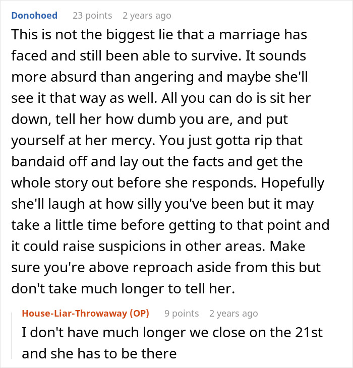 Screenshot of a Reddit discussion about a husband struggling to come clean about a lie told 10 years ago in marriage.