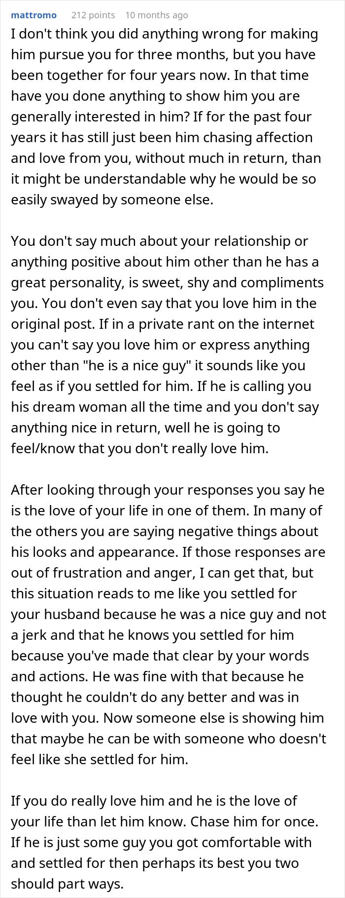 Comment discussing woman's husband leaving her after being hit on, exploring relationship issues and feelings involved.