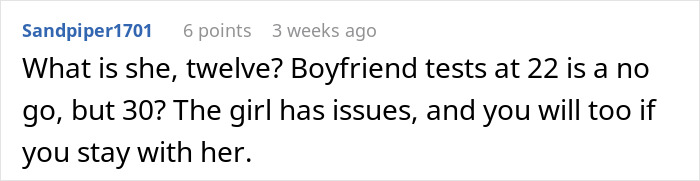 Comment text on a white background discussing boyfriend testing love after girlfriend fakes pregnancy as a relationship test. Comment text on a white background discussing boyfriend testing love after girlfriend fakes pregnancy as a relationship test.