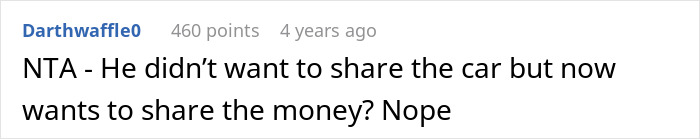 Screenshot of a Reddit comment discussing a woman winning a $300k Jaguar and her boyfriend claiming shared ownership.