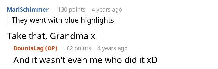 Screenshot of a comment thread discussing babysitter dyeing girls&rsquo; hair pink and grandma&rsquo;s shocked reaction.