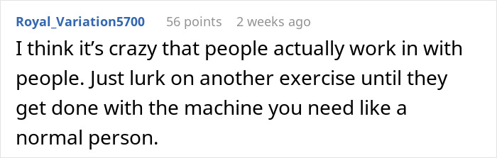 Screenshot of a Reddit comment discussing awkward gym flirting and the frustration of waiting for exercise machines.