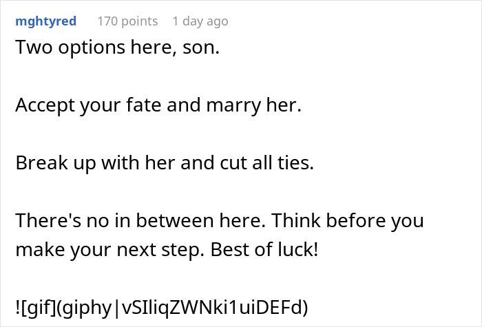 Comment suggesting two options after a boyfriend fakes a proposal and the girlfriend says yes, leaving him scared to tell truth. Comment suggesting two options after a boyfriend fakes a proposal and the girlfriend says yes, leaving him scared to tell truth.