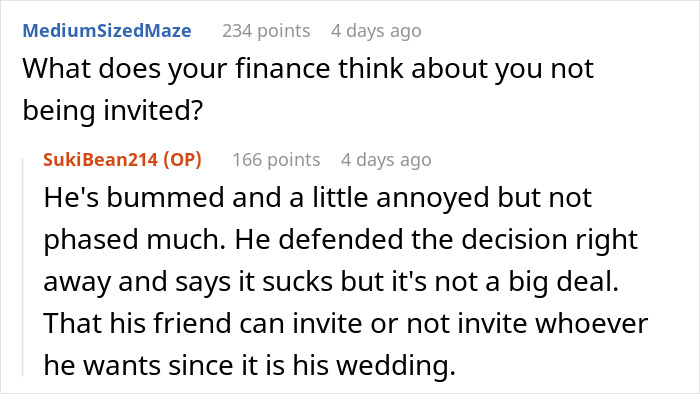 Commenters discuss a woman&rsquo;s fianc&eacute; not being invited to a friend&rsquo;s wedding and her reaction to the situation.