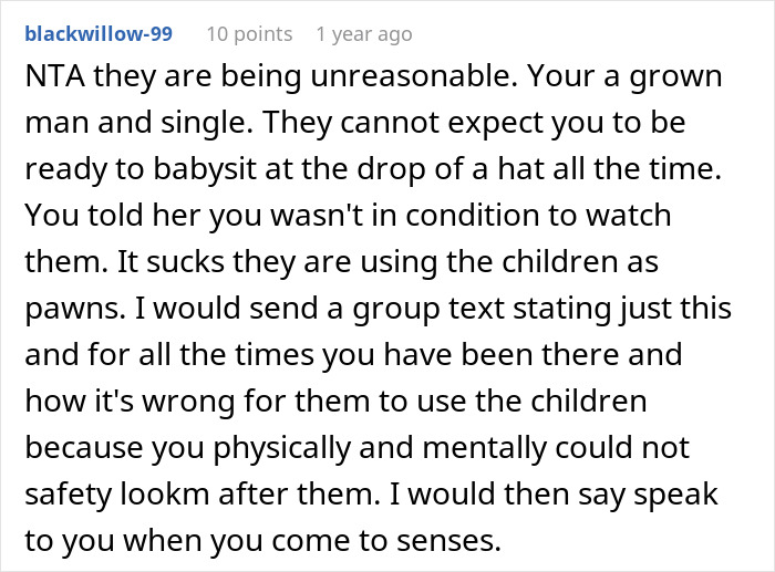 Screenshot of a Reddit comment discussing a guy refusing to watch kids during an emergency due to being under the influence. Screenshot of a Reddit comment discussing a guy refusing to watch kids during an emergency due to being under the influence.