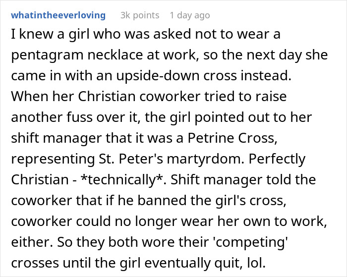 Text post about a woman using HR’s rule on religious symbols to challenge a coworker over necklace policies. Text post about a woman using HR’s rule on religious symbols to challenge a coworker over necklace policies.