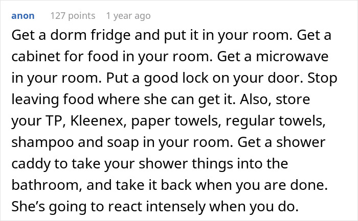Comment suggesting ways to stop a middle-aged woman with a shopping habit from stealing roommate&rsquo;s food by securing personal items in their room.