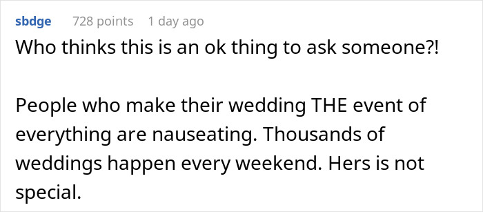 Screenshot of a social media comment criticizing a distant cousin wanting funding for her wedding because the user is single with no kids.