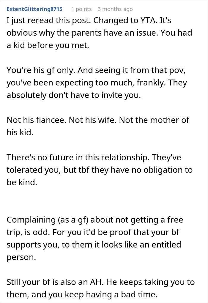 Reddit comment discussing exclusion from boyfriend’s family vacation due to gluten dietary restrictions and relationship challenges. Reddit comment discussing exclusion from boyfriend’s family vacation due to gluten dietary restrictions and relationship challenges.