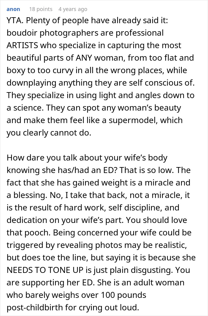 Comment defending wife’s body and opposing refusal of spicy photoshoot due to her extra pounds after pregnancy. Comment defending wife’s body and opposing refusal of spicy photoshoot due to her extra pounds after pregnancy.