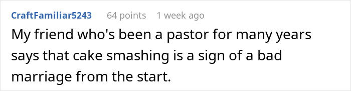 Comment discussing a pastor’s view that cake smashing signifies a bad marriage, referencing groom smashing cake and hurting bride with fork. Comment discussing a pastor’s view that cake smashing signifies a bad marriage, referencing groom smashing cake and hurting bride with fork.