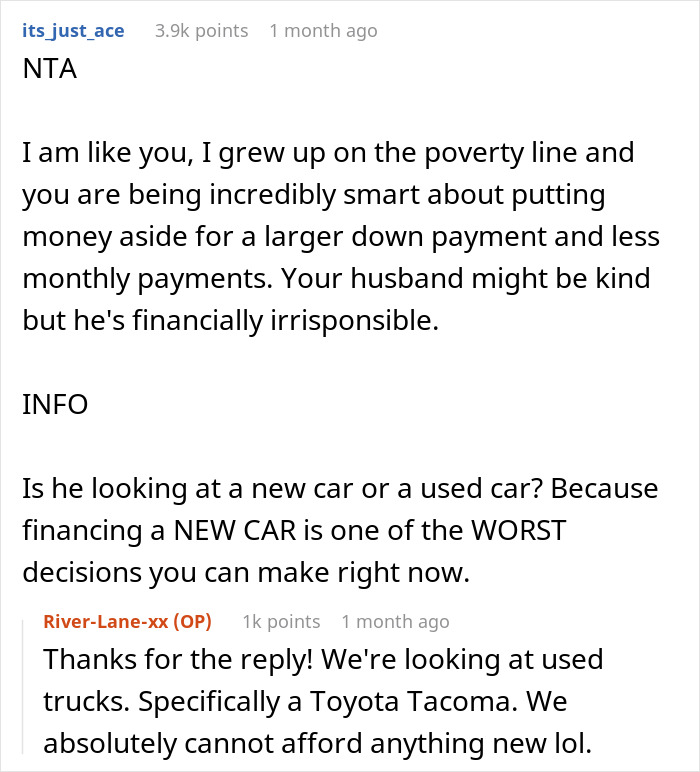 Commenter advising woman on handling husband&rsquo;s financially irresponsible plan to buy a used truck like a Toyota Tacoma.