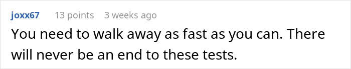 Comment advising to walk away quickly, referencing relationship tests related to girlfriend faking pregnancy to test love. Comment advising to walk away quickly, referencing relationship tests related to girlfriend faking pregnancy to test love.